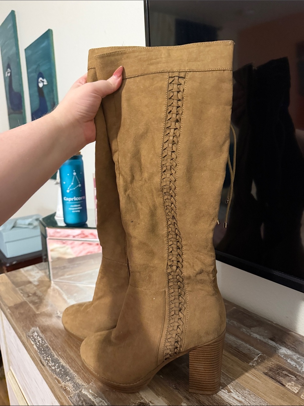 Forever 21 Tan Over-the-Knee Suede Boots with Braided Side Detail